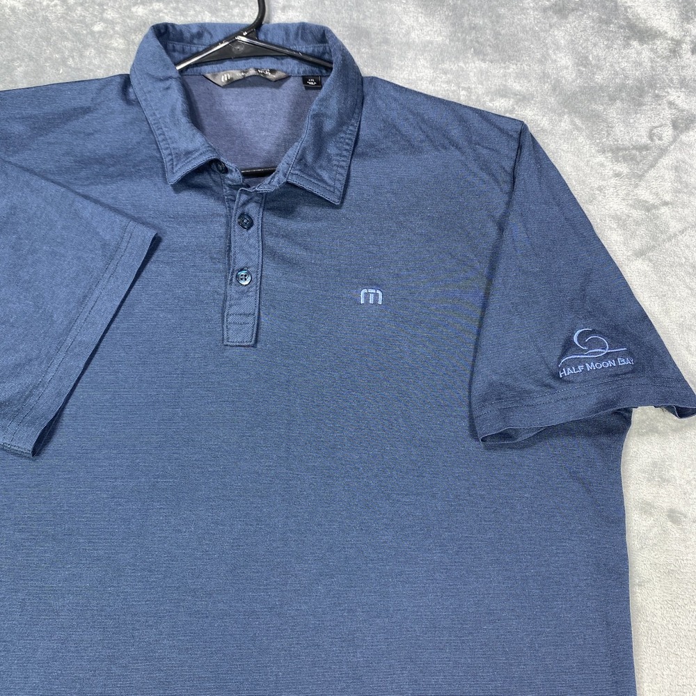 Travis Mathew Golf Polo Shirt Men 2XL Blue Stripe Half Moon Bay Golf Performance